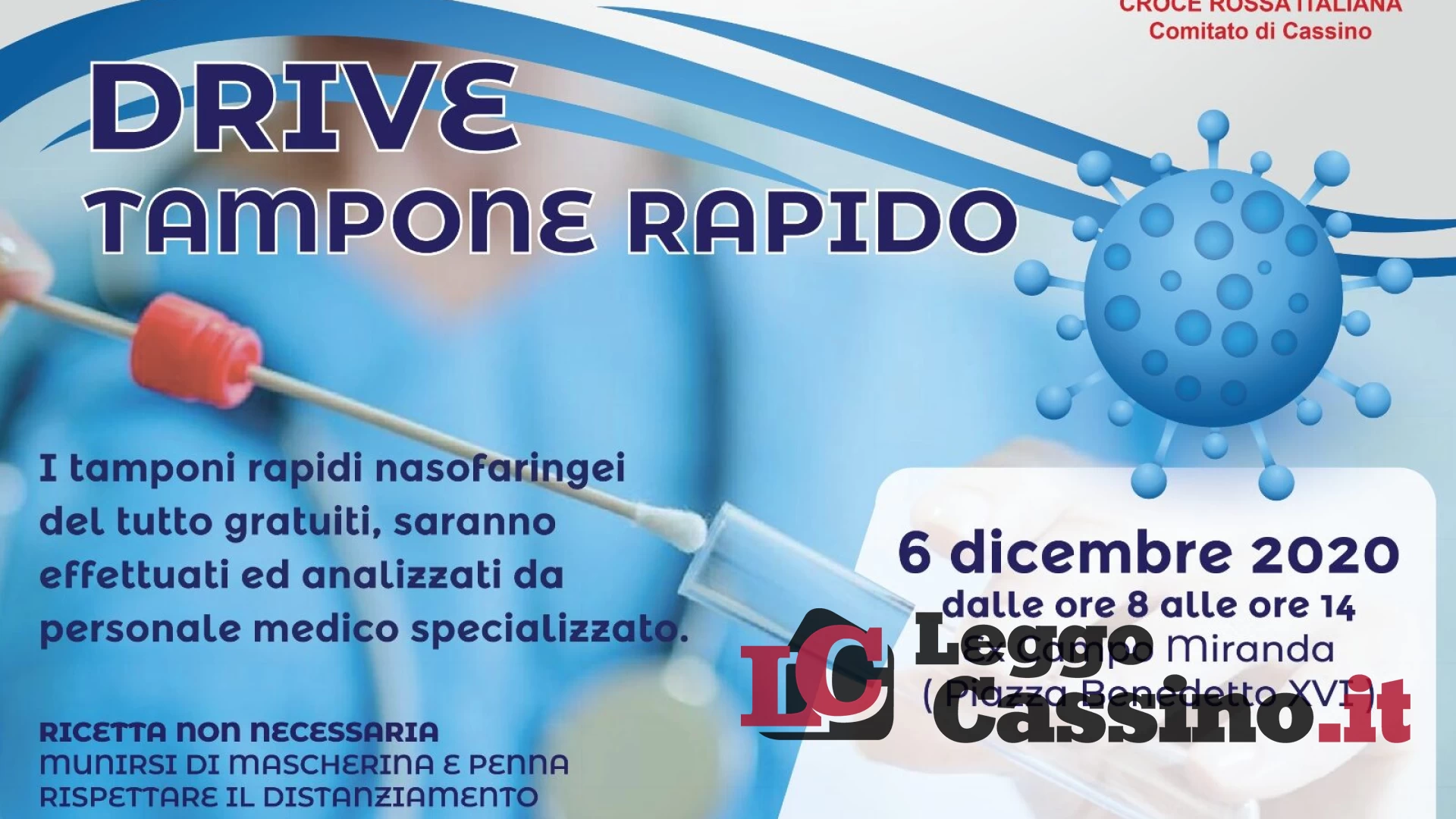 Screening anti Covid, tamponi gratuiti a Cassino