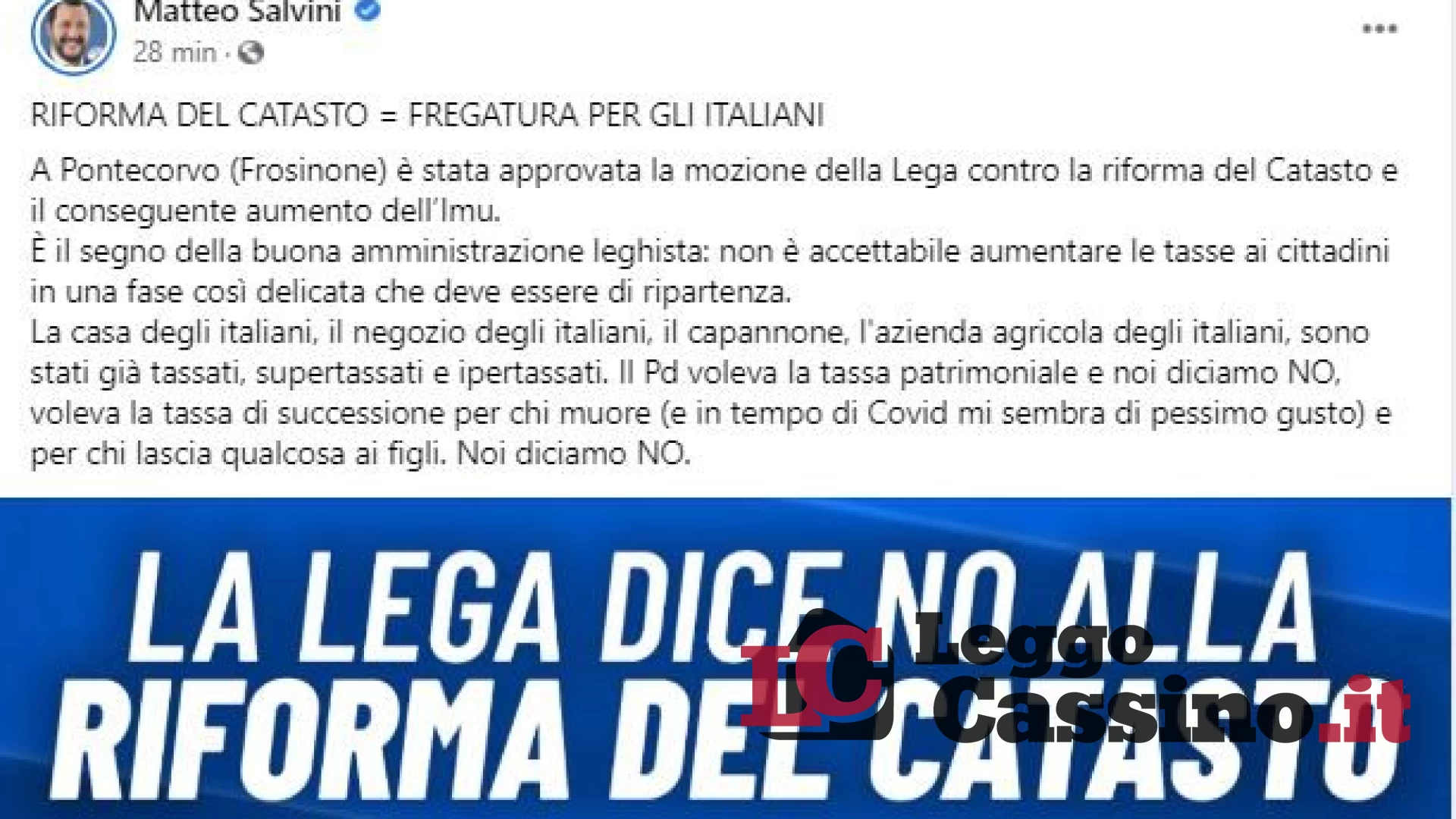 Riforma del Catasto, Salvini plaude a Pontecorvo