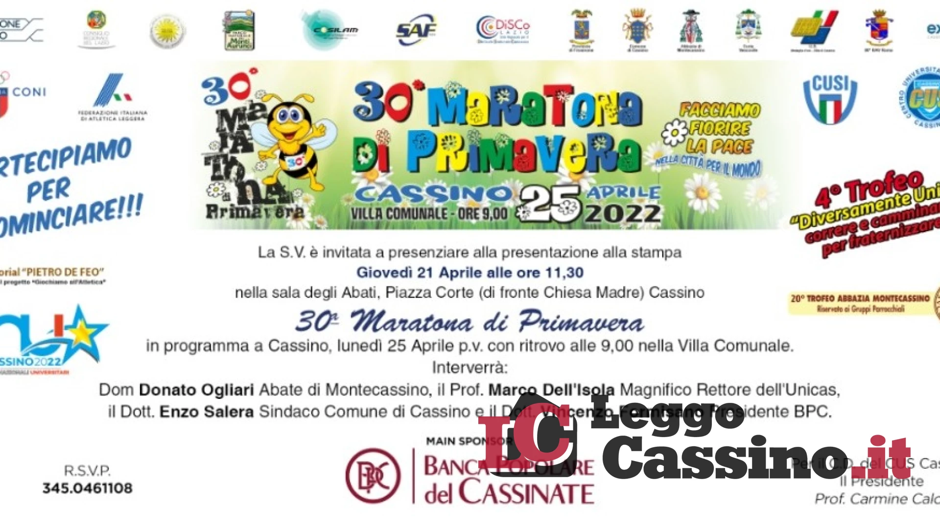 Giovedi 21 aprile la conferenza stampa per presentare la 30^ Maratona di Primavera a Cassino