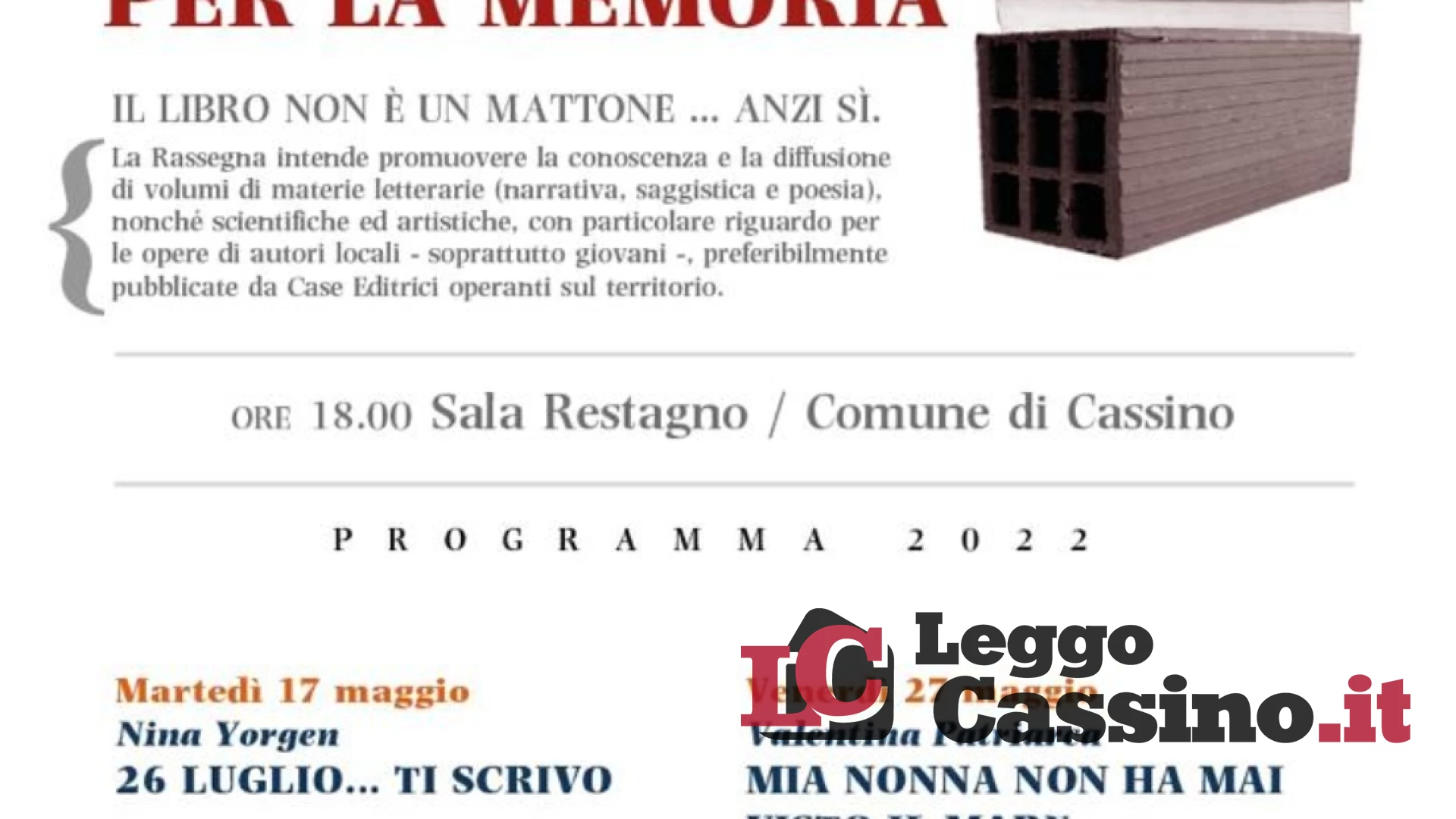 A maggio torna la rassegna letteraria "Cassino che legge" tutta dedicata alla memoria