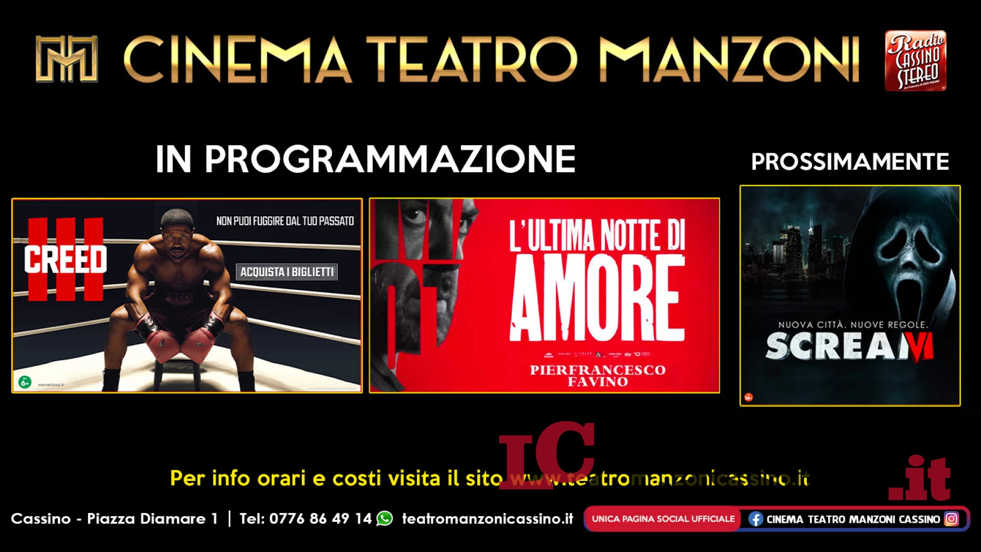 Cinema Teatro Manzoni Cassino, arriva “L'ultima notte di amore" e prossimamente "Scream VI"