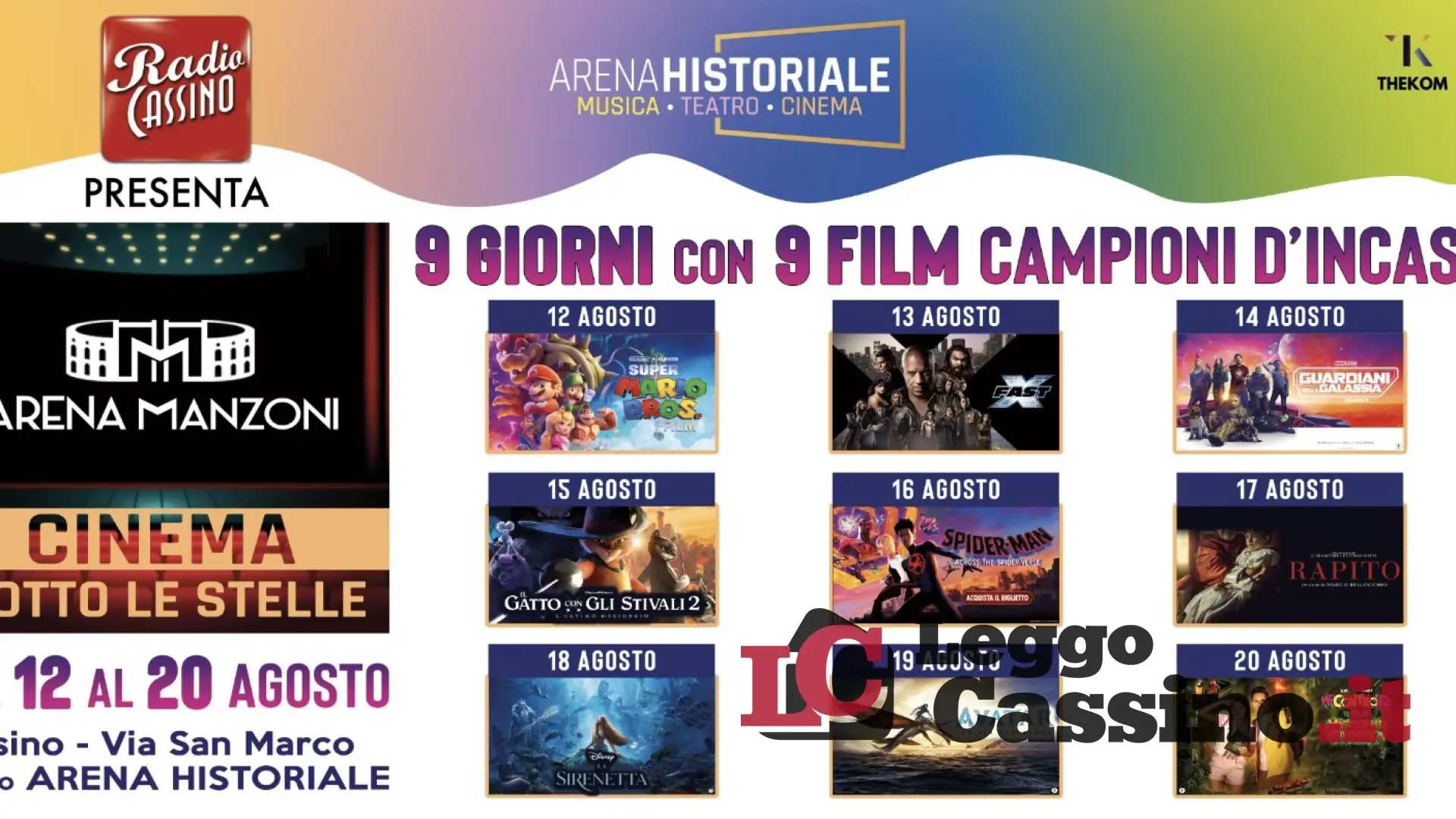 Dal 12 al 20 agosto nove film campioni d’incassi sotto le stelle all’Arena Manzoni 